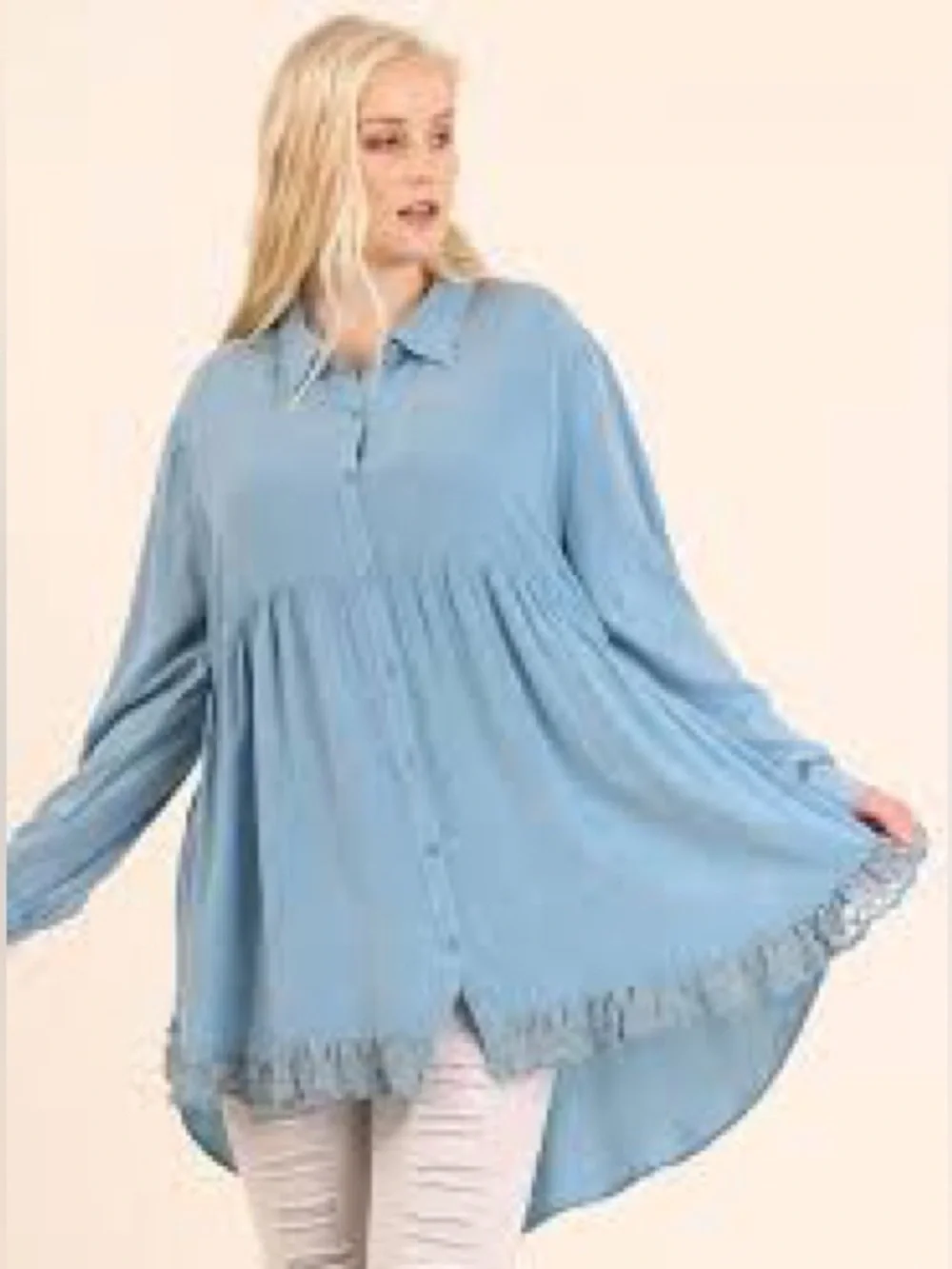 Umgee Dusty Blue Button-Front Baby doll Peplum Tunic with Lace Hem - Picture 4 of 16
